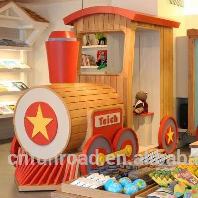 Top sale cute toy stores furnitures design cartoon train showcases in wooden cheap